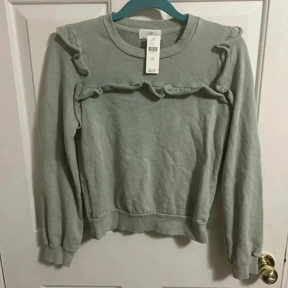 🎉Host Pick T.la Anthro‎ Green Distressed Ruffle Pullover Sweater XS New